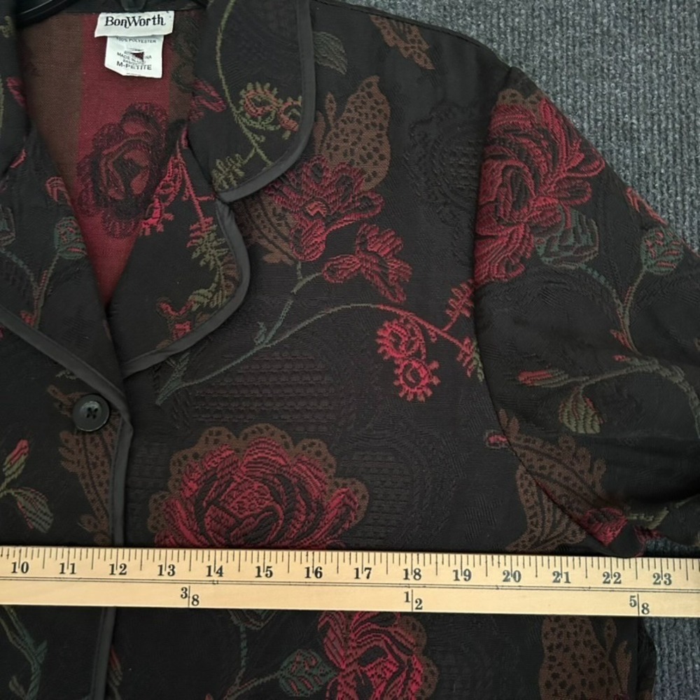 Vintage Bonworth Black Floral Tapestry Jacket Woven Red Rose Pattern M Petite - Picture 8 of 11